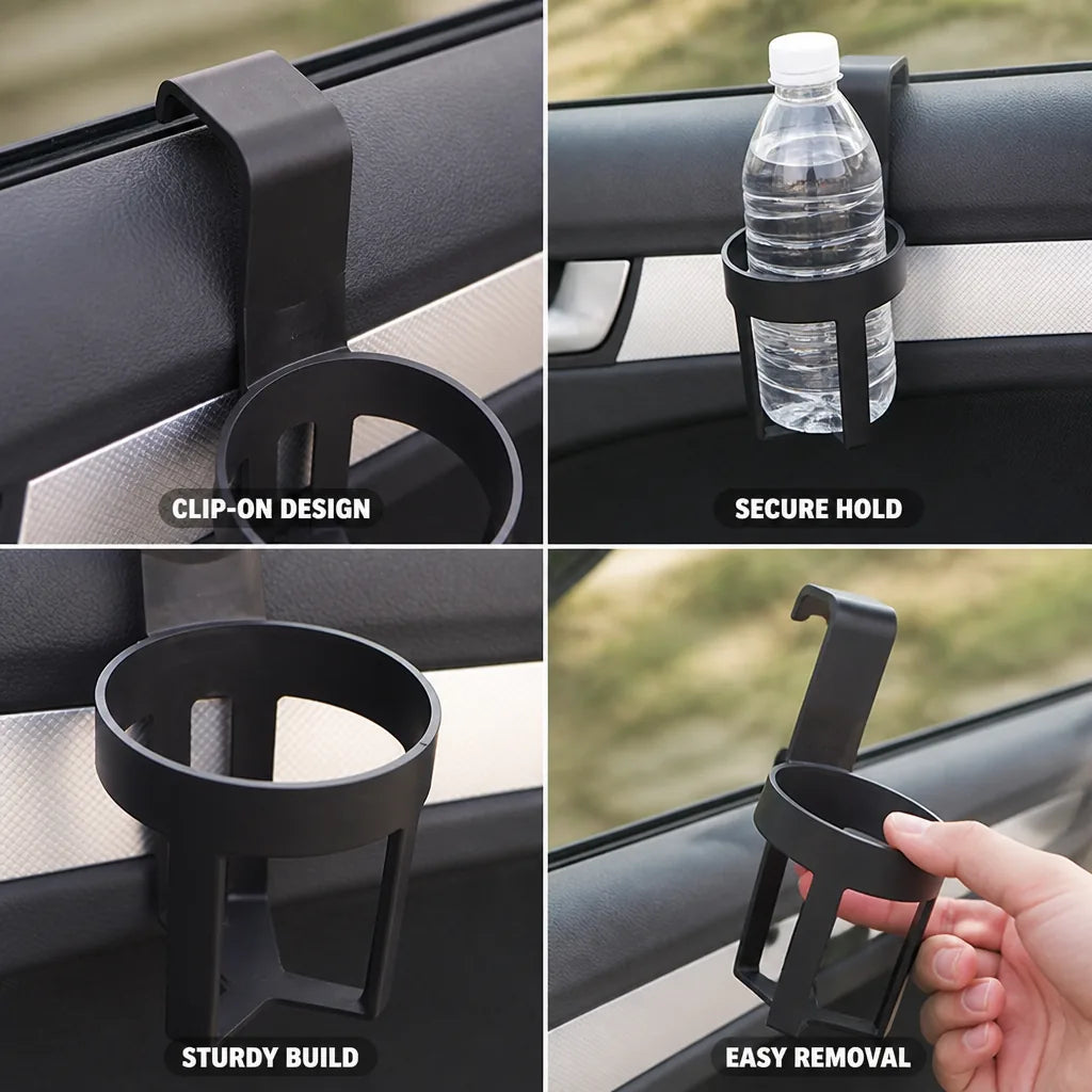 Car Door-Mounted Drink Holder with Clip Attachment