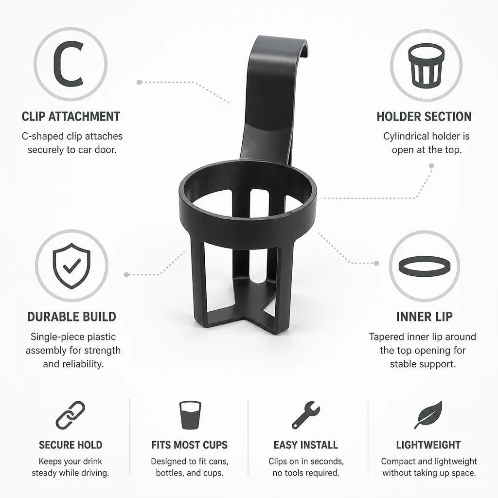 Car Door-Mounted Drink Holder with Clip Attachment