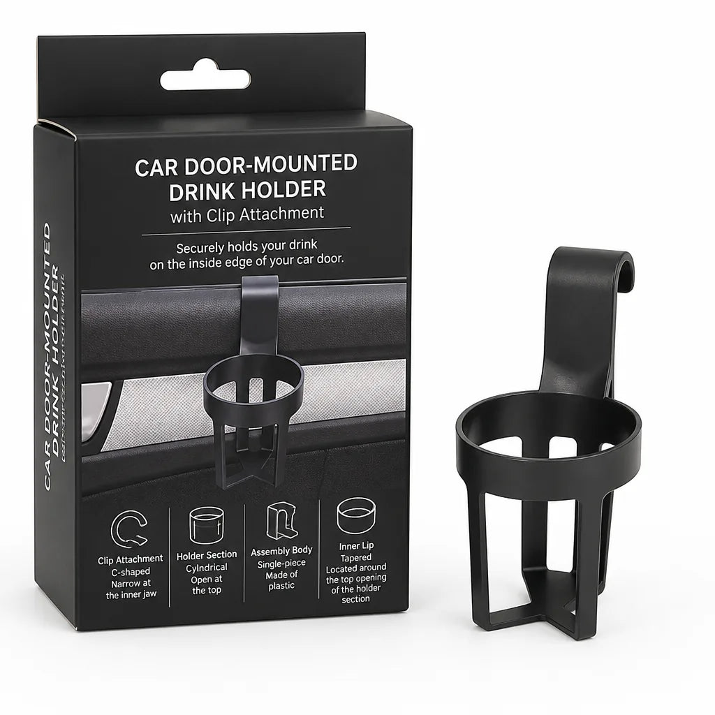 Car Door-Mounted Drink Holder with Clip Attachment