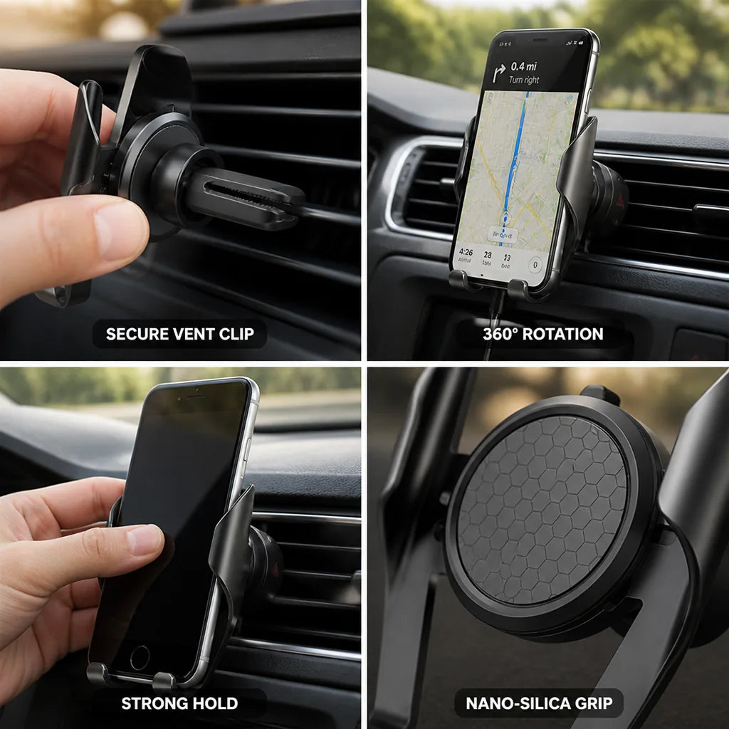 Car Phone Mount with 360-Degree Swivel Vent Clip