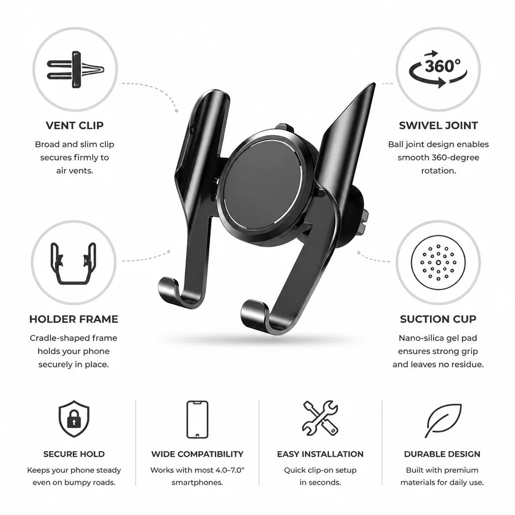 Car Phone Mount with 360-Degree Swivel Vent Clip