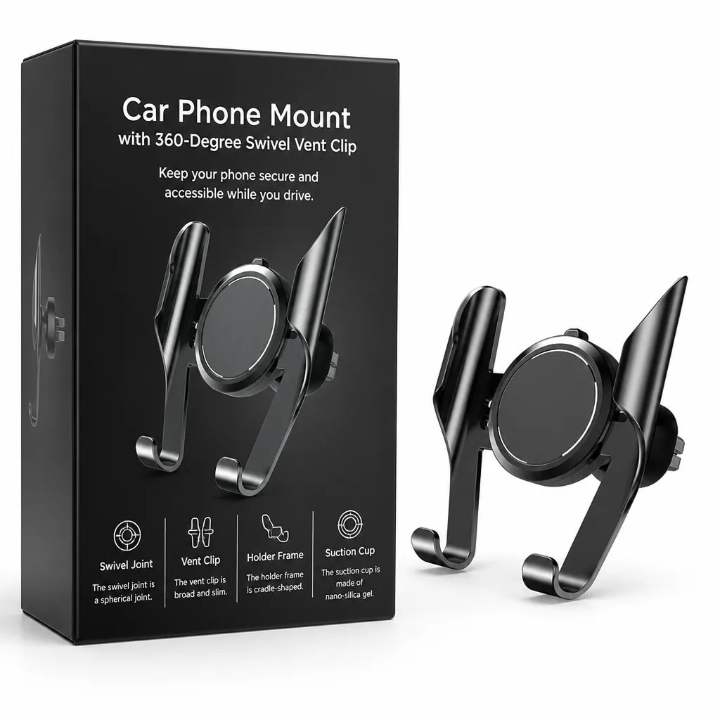 Car Phone Mount with 360-Degree Swivel Vent Clip